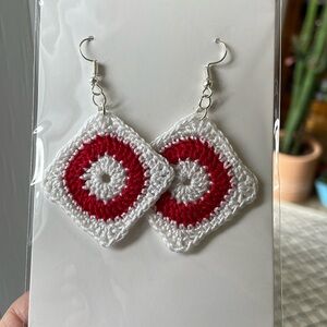 Handmade Crochet Earrings Red & White Circle Granny Square Cotton gift idea